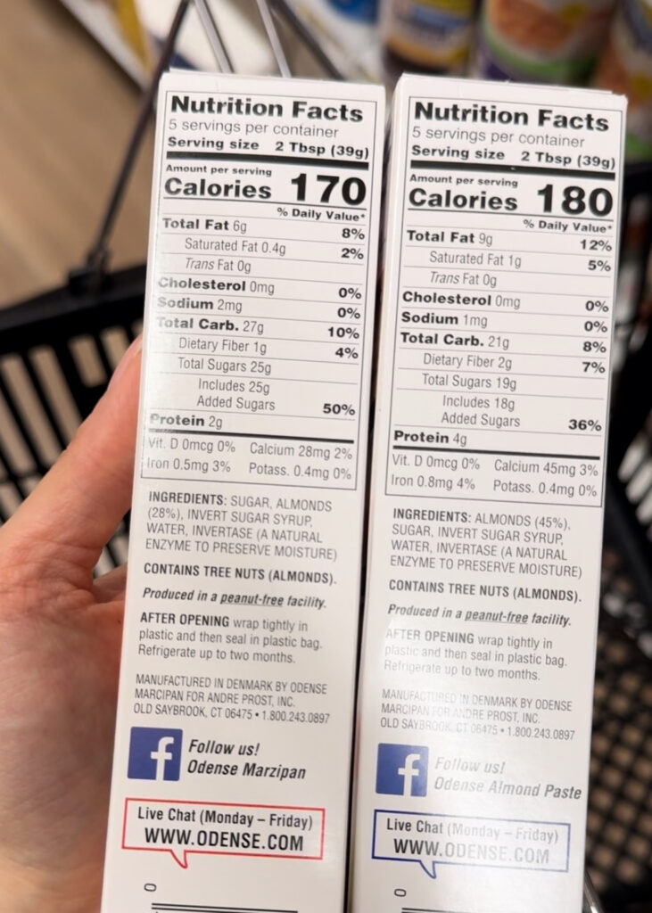 Comparing nutrition facts on two different boxes of almond paste.