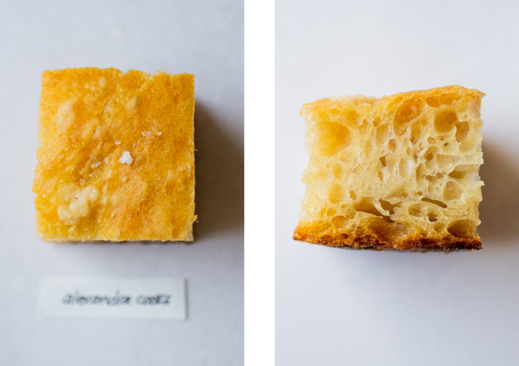 A side by side view of Alexandra Cook's focaccia; top down vs. side view of the crumb.