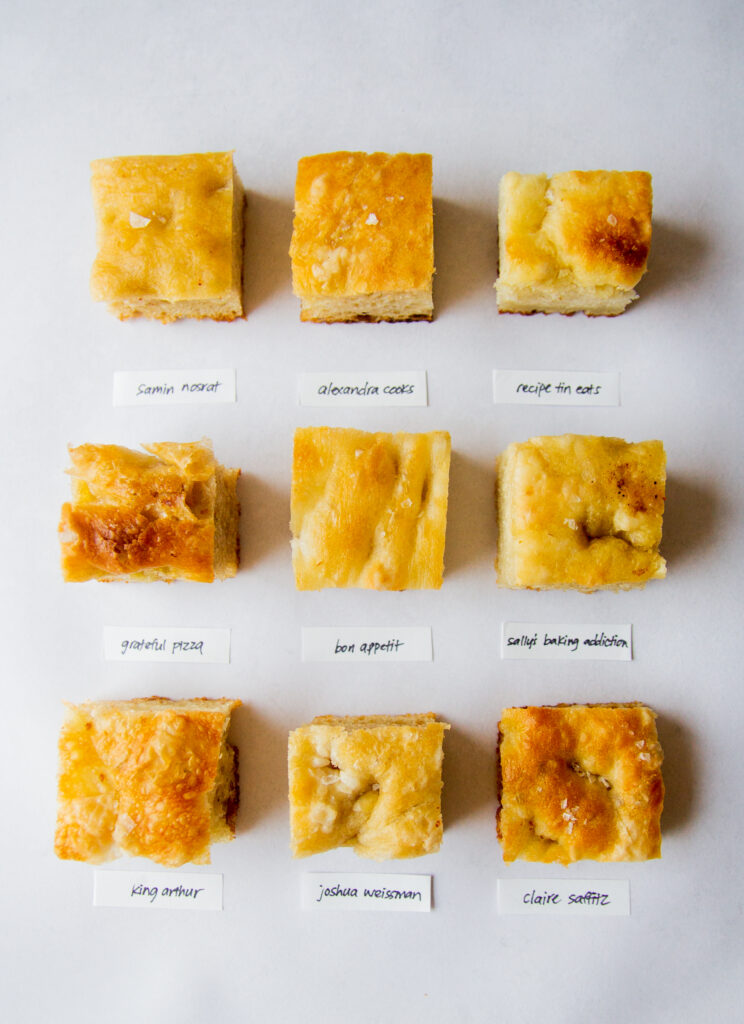 9 squares of focaccia with labels on a gray background.