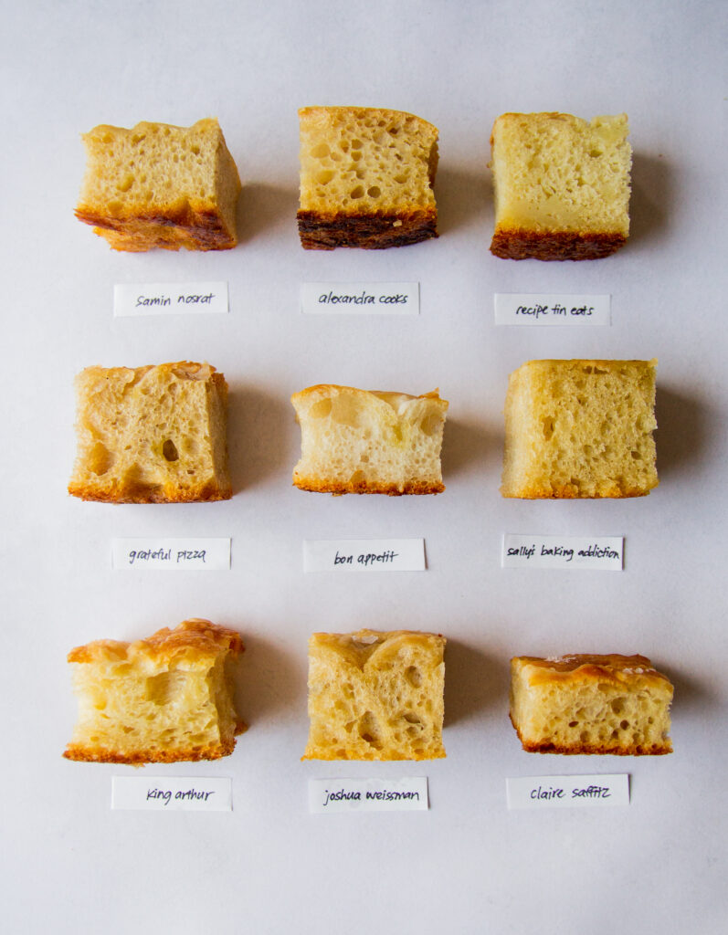 9 squares of focaccia with labels on a gray background.