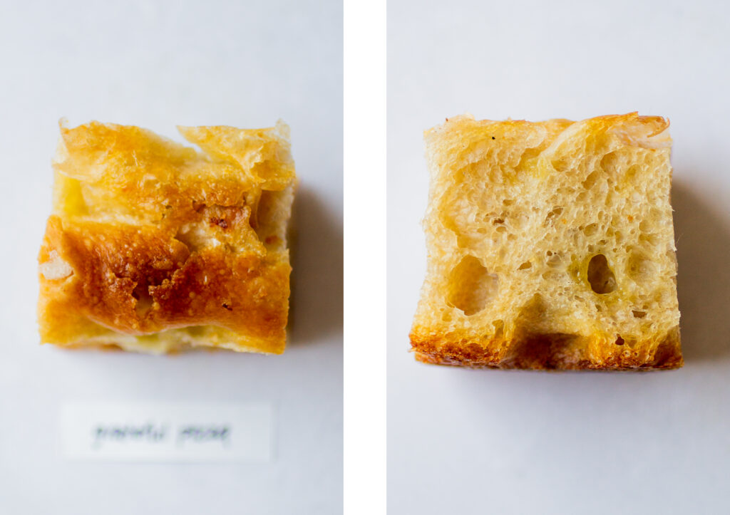 A side by side view of Grateful Pizza's focaccia; top down vs. side view of the crumb.