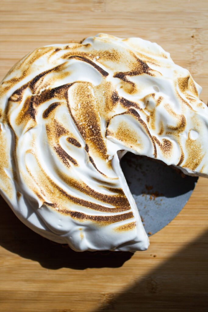 Toasted meringue on tofu chocolate pie.