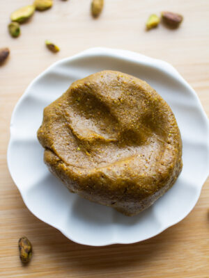 pistachio paste on a white plate.