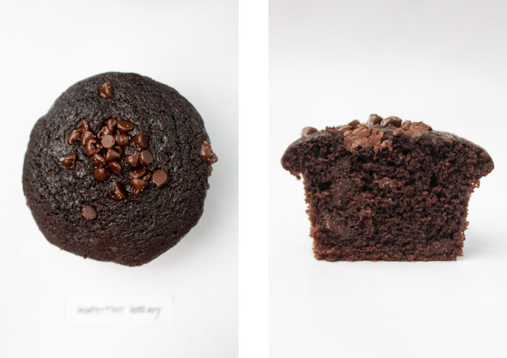 Top and side view of Butternut Bakery\'s chocolate muffin.