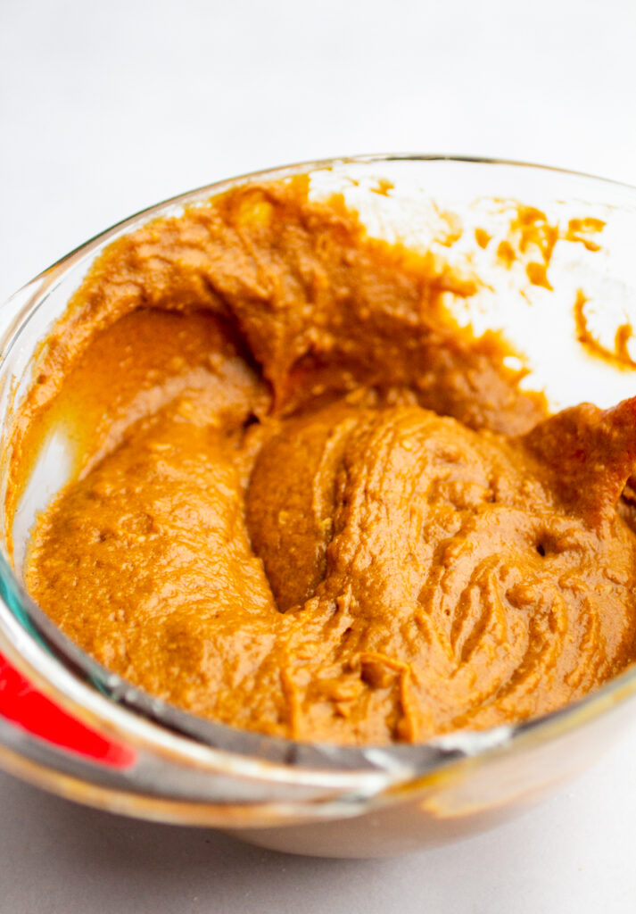 mixed pumpkin batter in a mixing bowl.