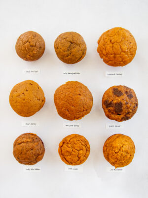 9 pumpkin muffins with labels on a white background.