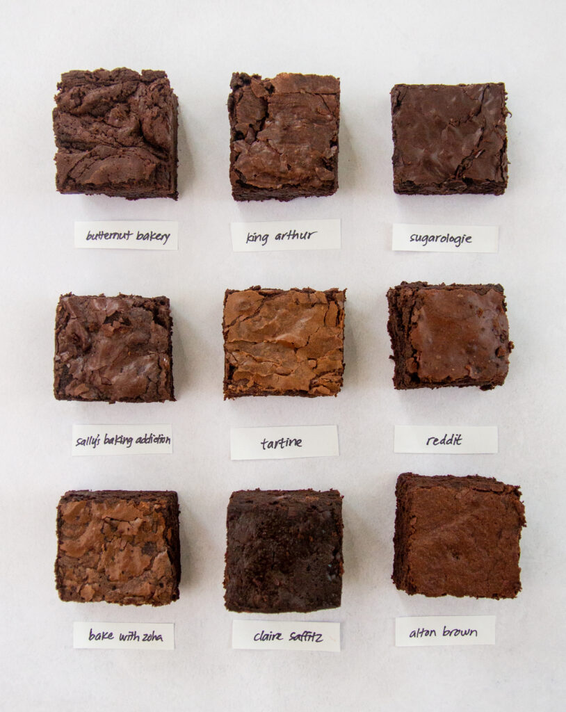 9 different brownies on a gray background with labels.