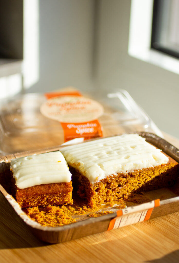 Trader Joe\'s pumpkin mini sheet cake.