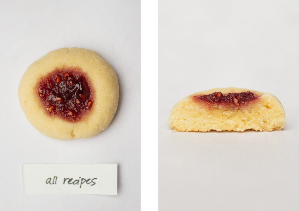 All Recipe\'s thumbprint cookie (top down next to a side view).