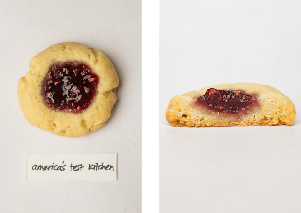 America\'s Test Kitchen\'s thumbprint cookie (top down next to a side view).