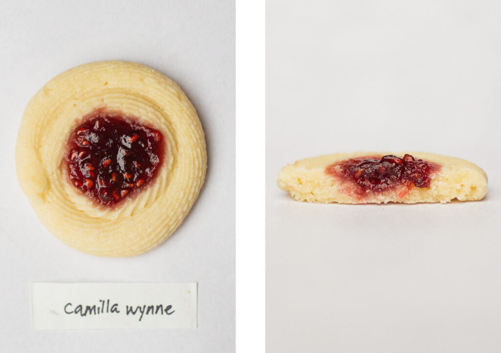 Camilla Wynne\'s thumbprint cookie (top down next to a side view).