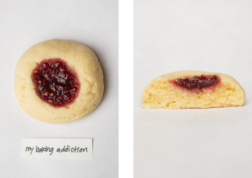 My Baking Addiction\'s thumbprint cookie (top down next to a side view).