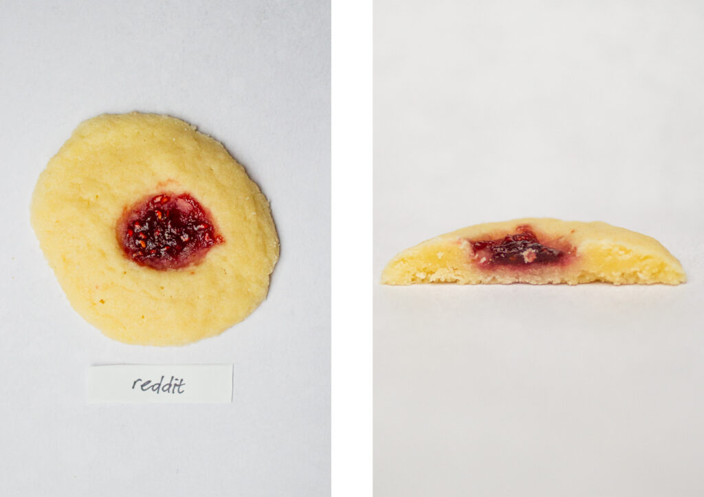 Reddit\'s thumbprint cookie (top down next to a side view).