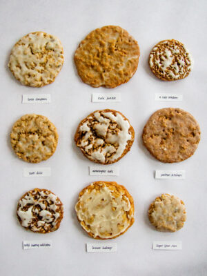9 different oatmeal cookies on a gray background.