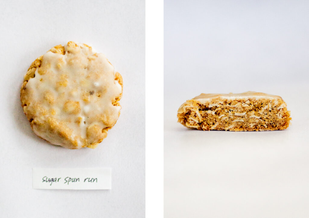 Sugar Spun Run\'s iced oatmeal cookie on a gray background.