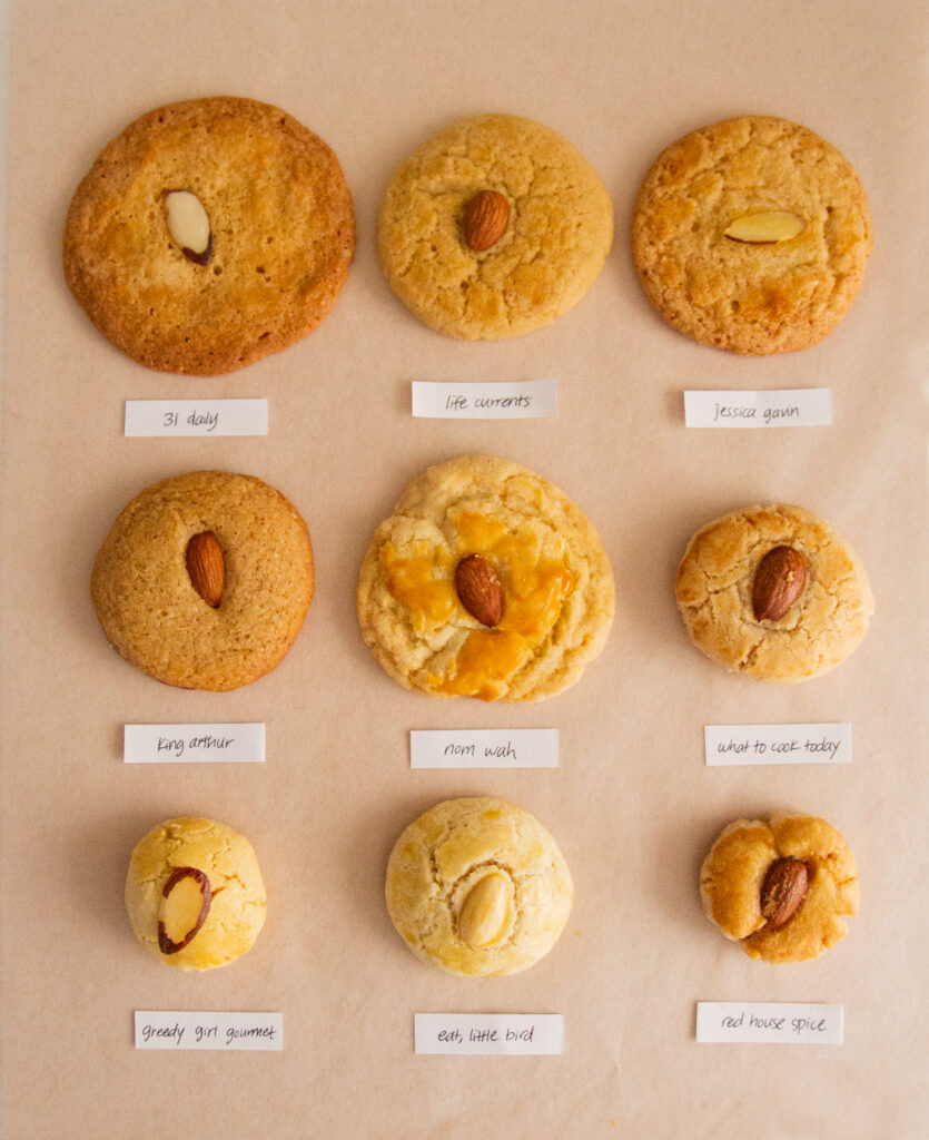 9 different Chinese almond cookies with labels on a pink background.