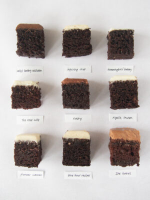 9 squares of frosted Guinness cakes on a white background.
