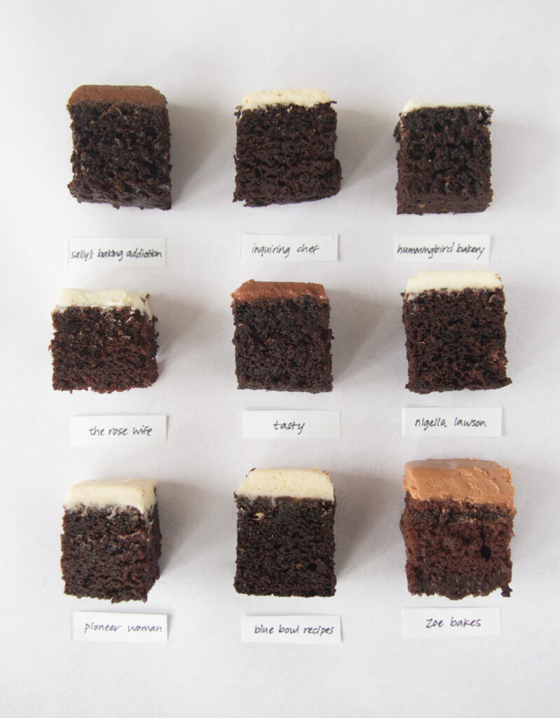 9 squares of frosted Guinness cakes on a white background.