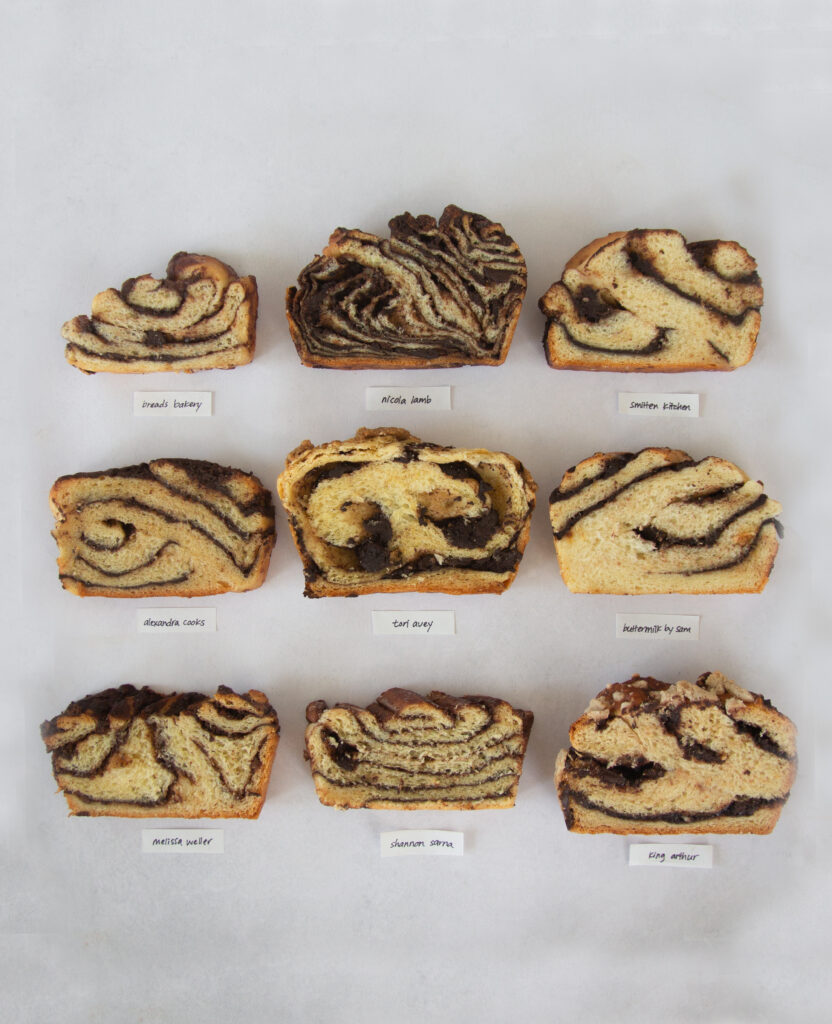 9 slices of chocolate babka with labels on a gray background.