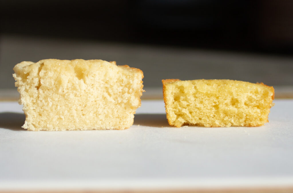 Half of a white cupcake next to half of a cupcake with a more yellow hue.