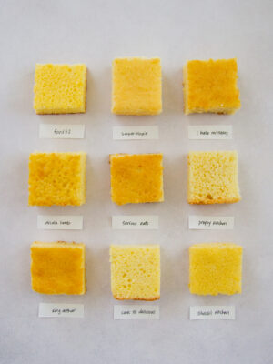 9 squares of different chiffon cakes on a gray background.