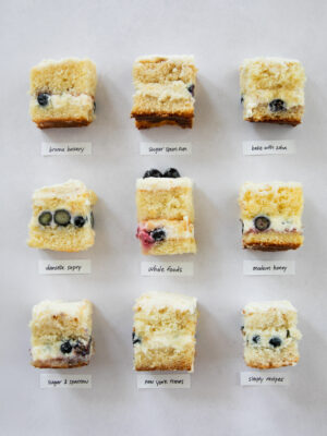 9 squares of different berry chantilly cake recipes on a gray background.