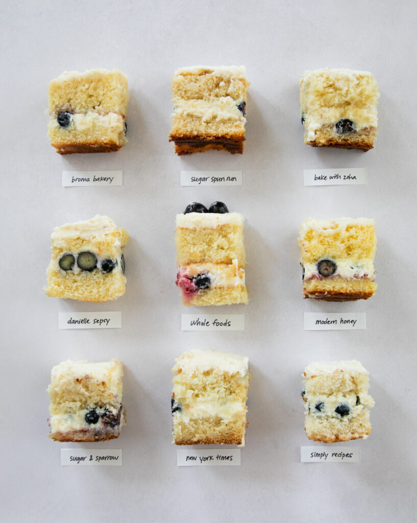 9 squares of different berry chantilly cake recipes on a gray background.