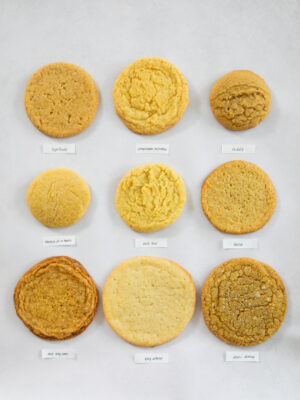 9 different corn cookies on a gray background.