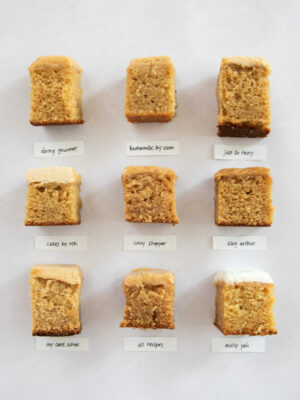 9 slices of peanut butter cake with labels on a gray background.