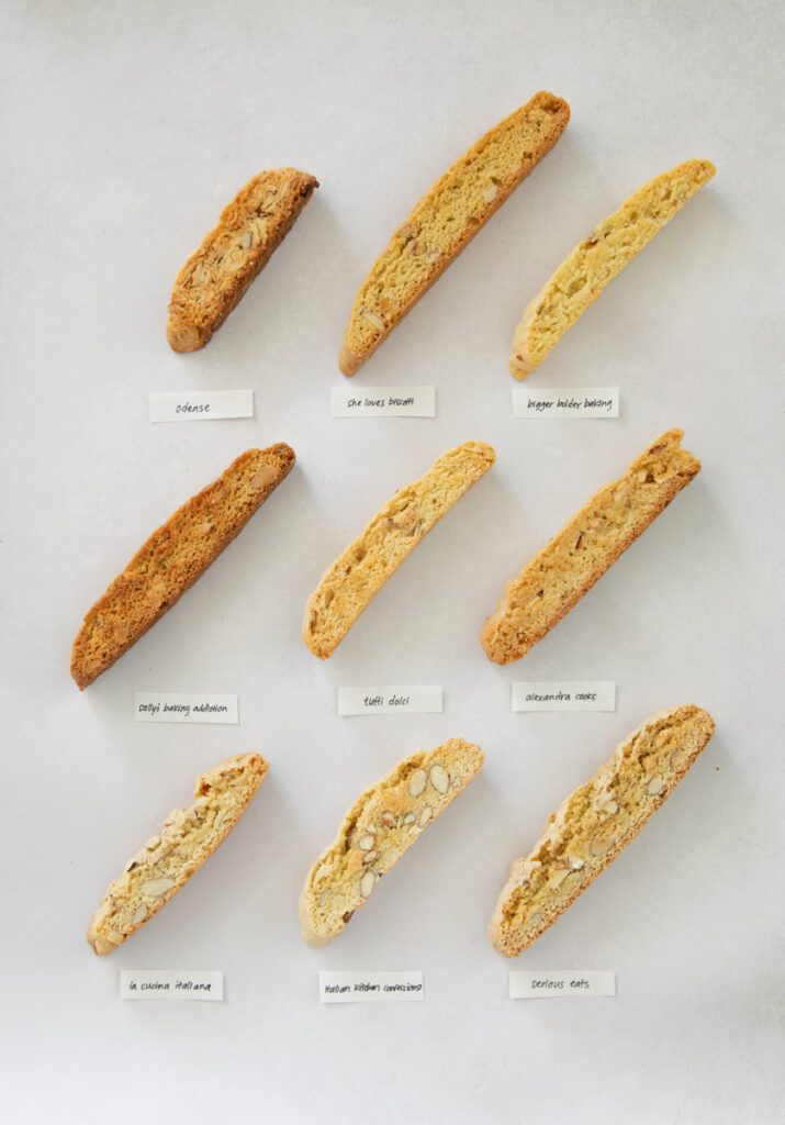 9 different almond biscotti on a gray background.