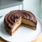 A frosted chocolate peanut butter cake on a white plate with a slice taken out.
