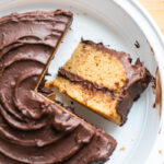 A slice of peanut butter cake on its side.