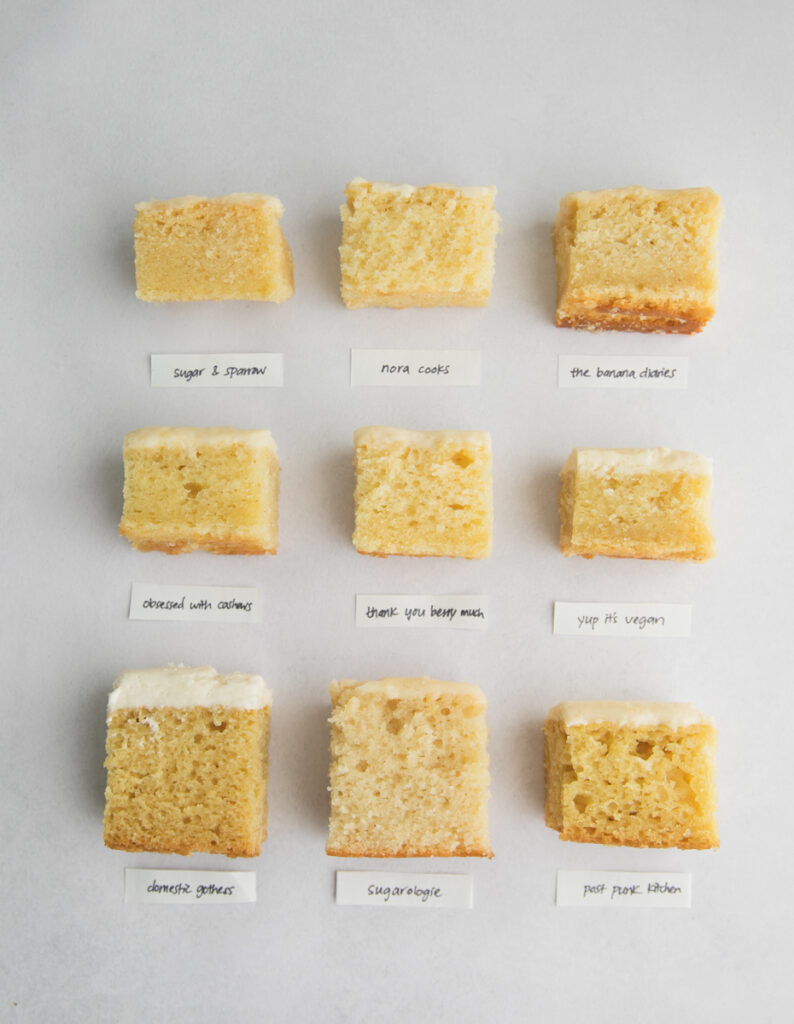 9 slices of different vanilla cake recipes on a gray background.